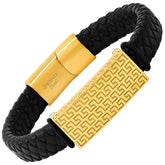 Greek Key Woven Leather ID Bracelet - Steel Time